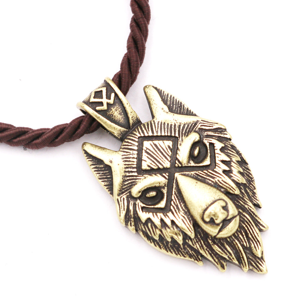 Viking Wolf Head Metal Necklace with Runa Rune Talisman Pendant - Norse Legacy Collection