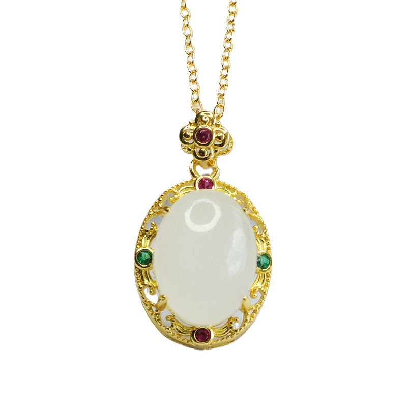 Elegant Natural Hetian Jade and Zircon Clover Necklace with Oval Pendant