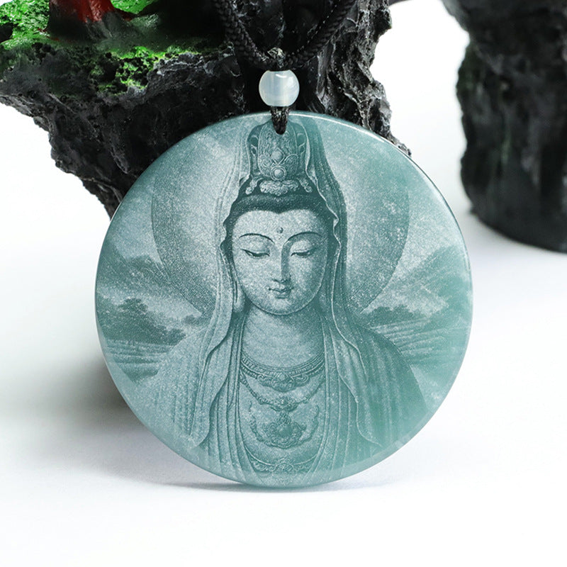 Guanyin Bodhisattva Carved Jade Pendant with Sterling Silver Chain