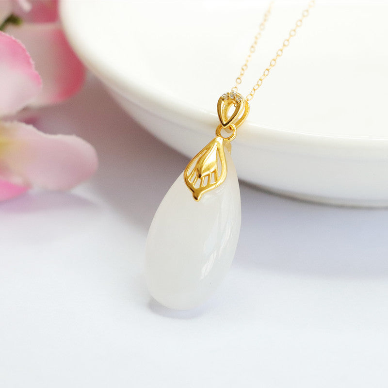 White Hetian Jade Droplet Necklace with Sterling Silver