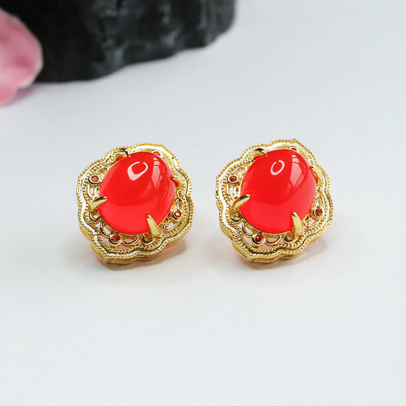 Chalcedony and Agate Retro Stud Earrings in Green with Red Accents