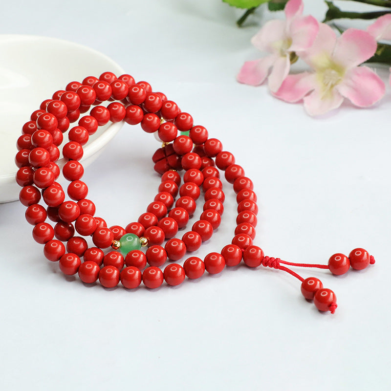 Red Cinnabar 108 Beads Bracelet with Four-leaf Clover Pearl Sweater Chain