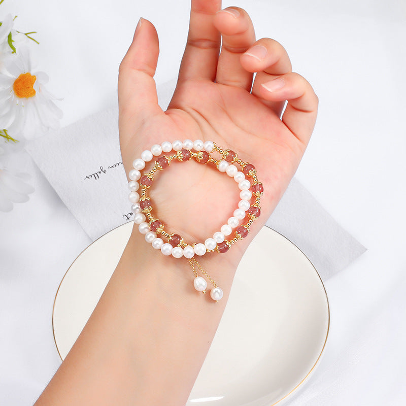 Exquisite Strawberry Crystal and Freshwater Pearl Double Stacked Bracelet