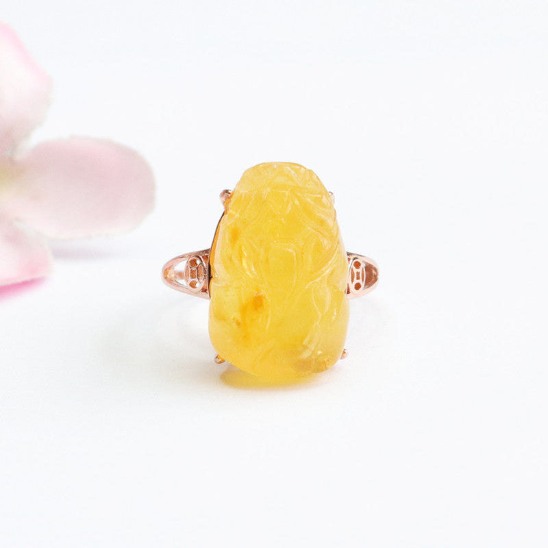 Sterling Silver Pixiu Ring with Genuine Beeswax Amber