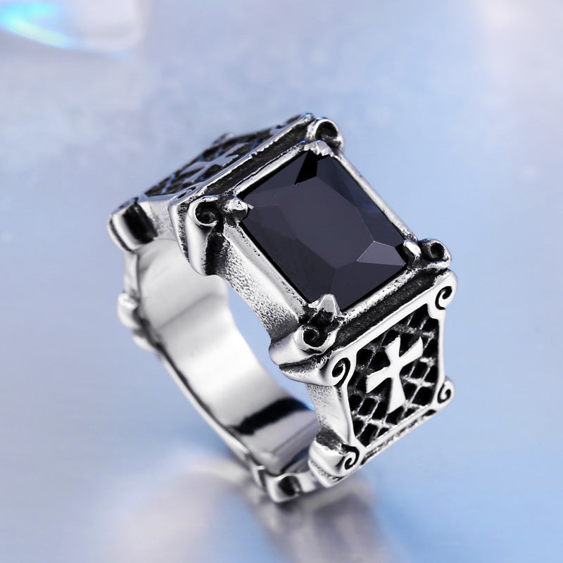 Trendy Retro Men's Thai Silver Ring with Titanium Steel and Zircon Inlay