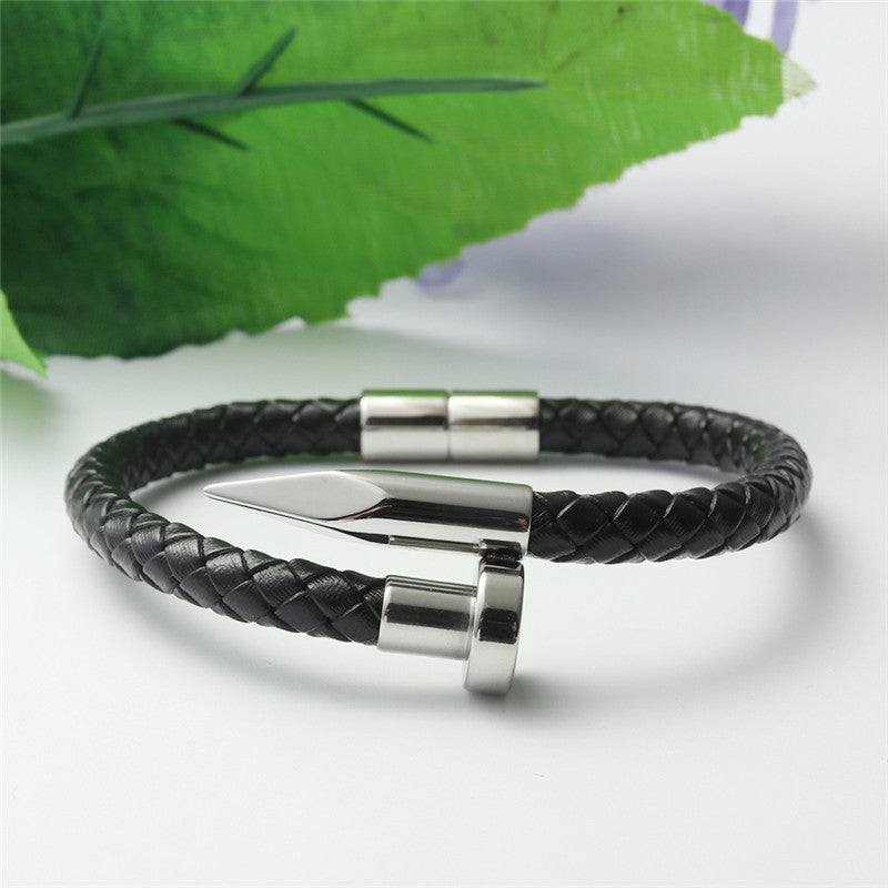 Punk-Inspired Titanium Steel Round Nail Bracelet for Men and Women - Stylish Woven Leather Accessory