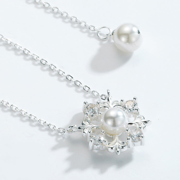 Christmas Pearl Zircon Snowflake Sterling Silver Necklace