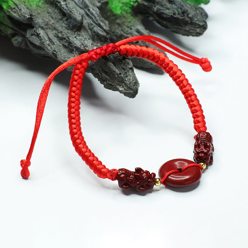 Double Pixiu Cinnabar Stone Bracelet with Sterling Silver Buckle