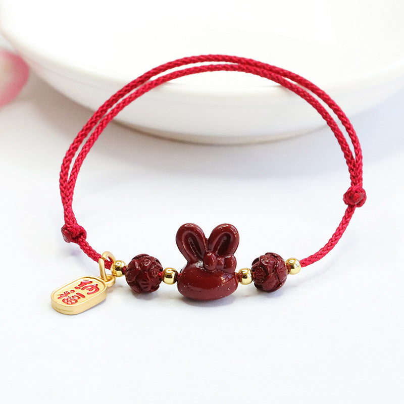 Rabbit and Lotus Cinnabar Stone Red Rope Bracelet