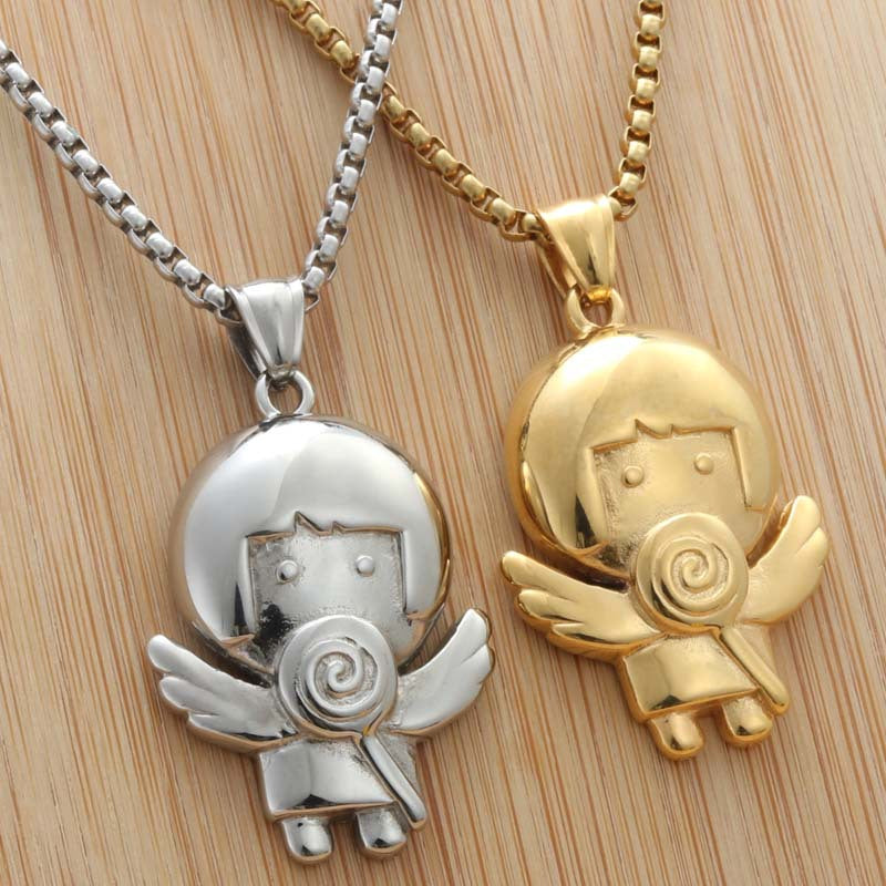 Trendy Punk Angel Pendant Necklace in Titanium Steel with Cartoon Lollipop Design for Women