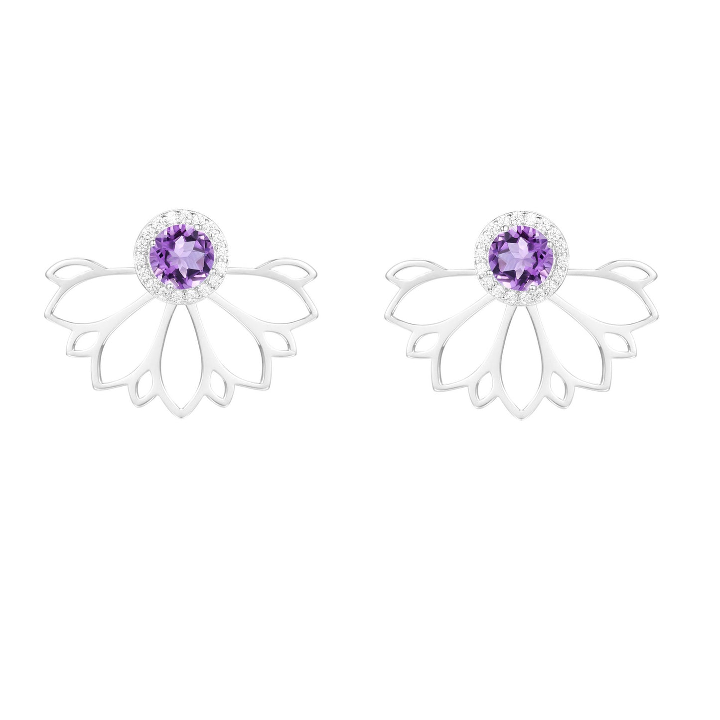 Semicircle Hollow Petals Round Cut Natural Gemstone Silver Stud Earrings