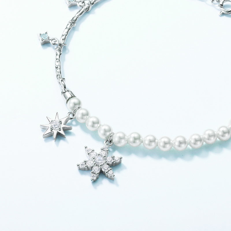 Zircon Snowflake Pearl Chain Sterling Silver Bracelet