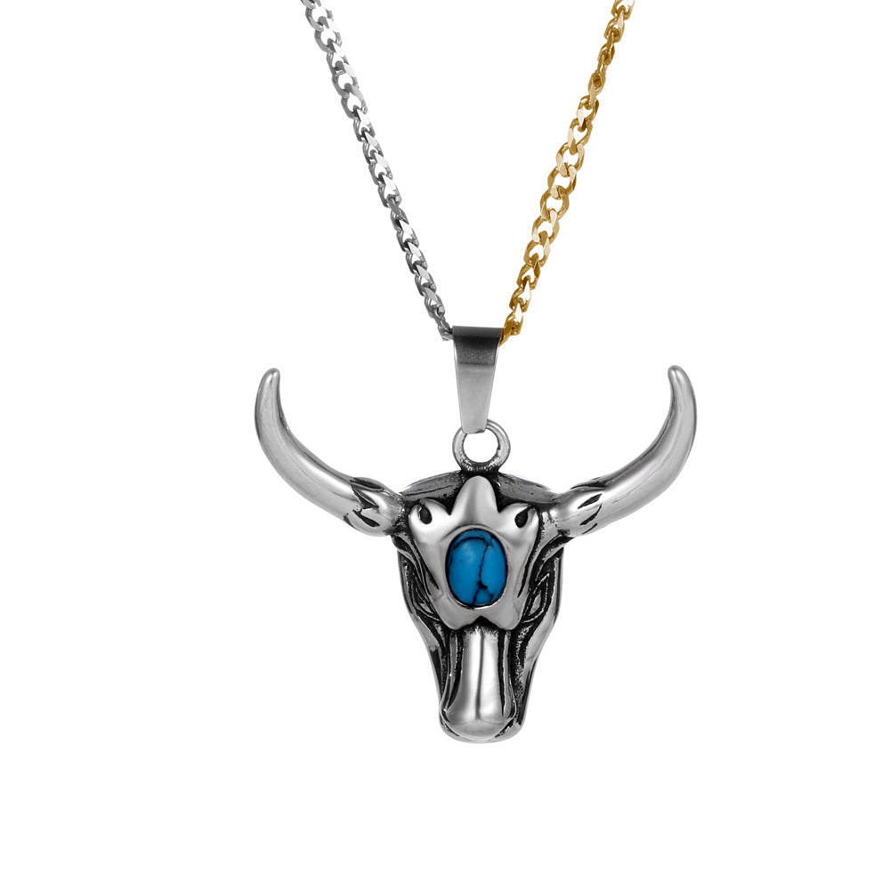 Custom Engraved Titanium Steel Yak Head Necklace for Men with Gemstone Horn Accent