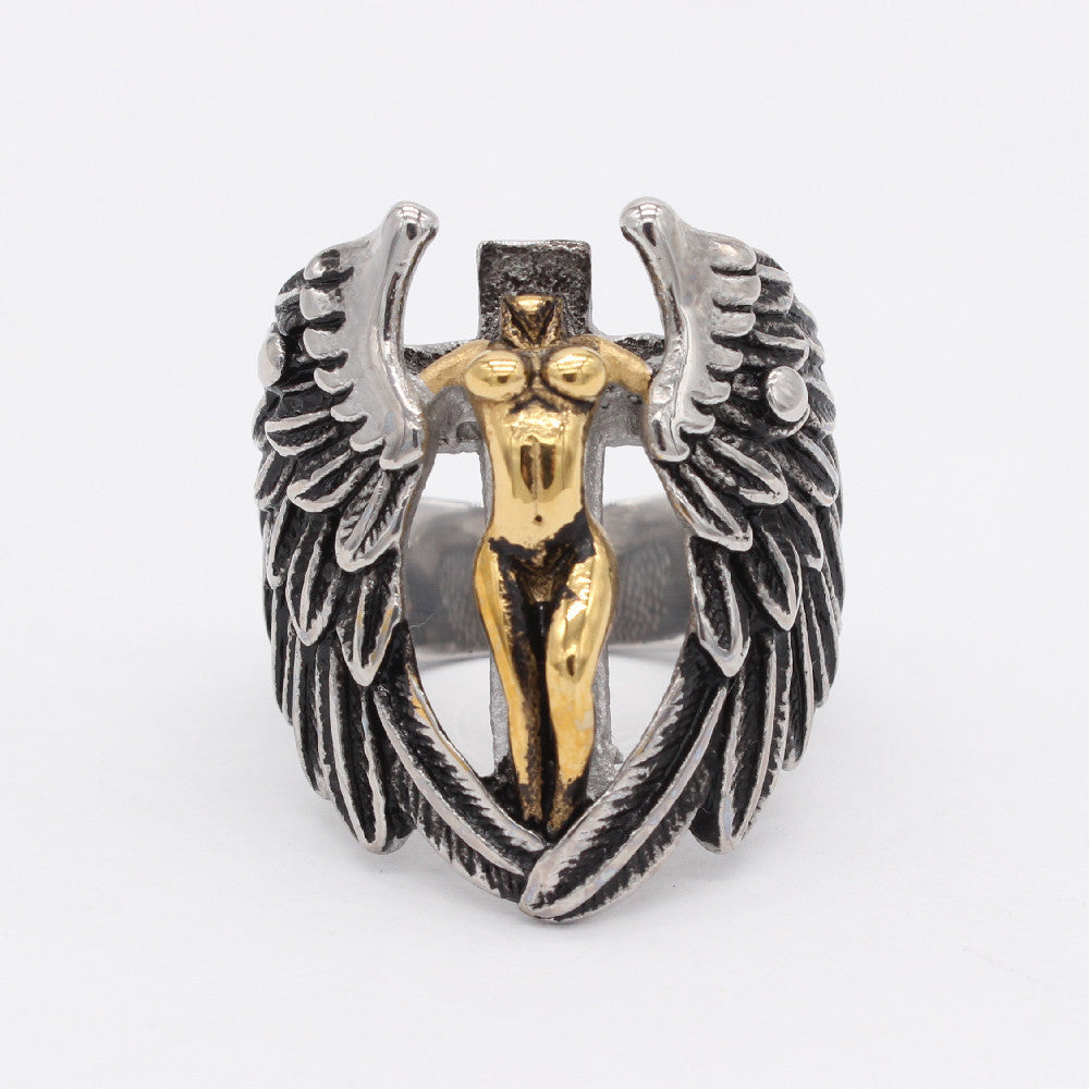 Europe and America Wholesale of Personalized Retro Cross Angel Men's Titanium Steel Ring