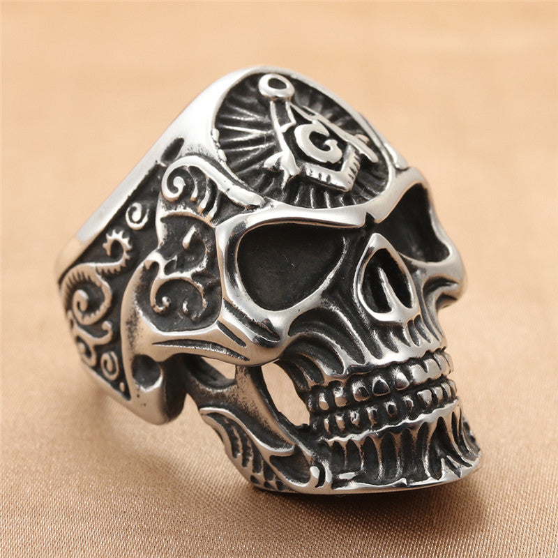 Titanium Steel Skull Ring for Men - Retro Freemason-Inspired Jewelry Accessory