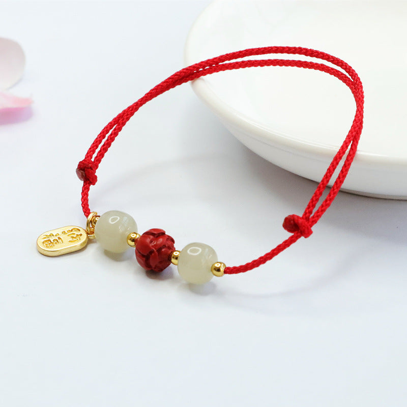 Vermilion Lotus Beads Sterling Silver Bracelet with Hetian Jade