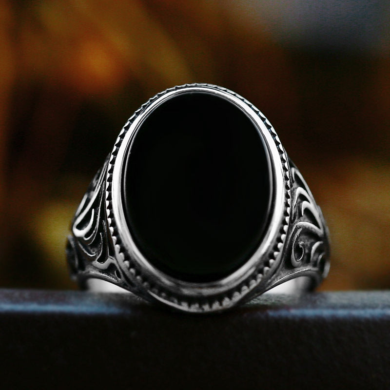 Retro Titanium Steel Engraved Black Agate Ring for Men - Wholesale Fashion Jewelry for Europe and the USA