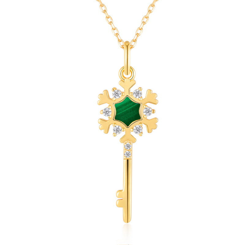 Christmas Malachite Zircon Snowflake Key Pendant Sterling Silver Necklace