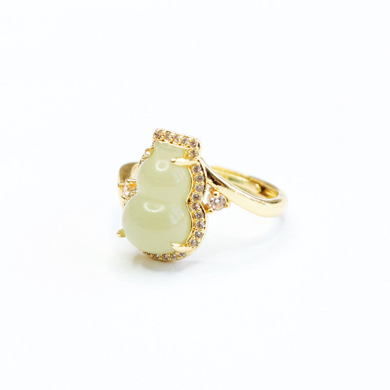 Elegant Hotan Jade Gourd Zircon Ring Jewelry