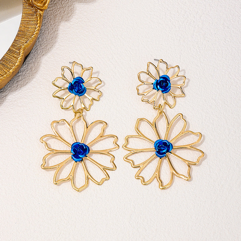 Elegant Double Flower Metal Hollow Earrings - Vienna Verve Collection