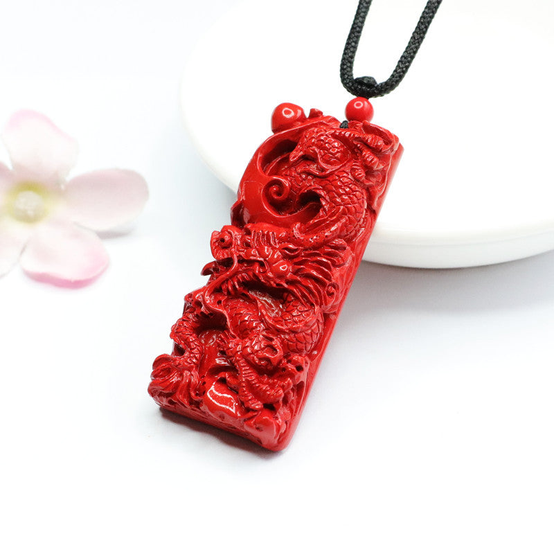 Dragon Carved Red Sand Cinnabar Sterling Silver Pendant