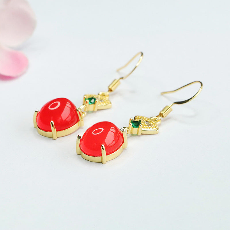 Fortune's Favor Green Chalcedony Red Agate Sterling Silver Earrings with Golden Ear Hooks