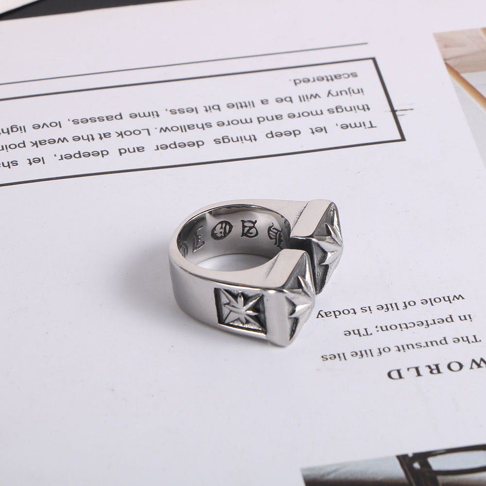 Personalized Punk Titanium Steel Ring for Men - Retro Double-Meter Floral Design