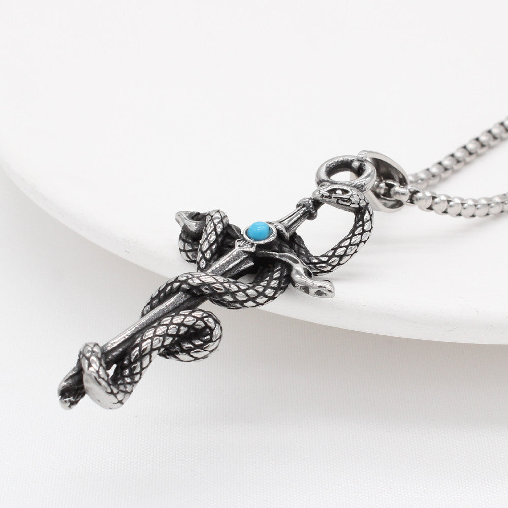 Snake Cross Sword Turquoise Titanium Steel Pendant for Men