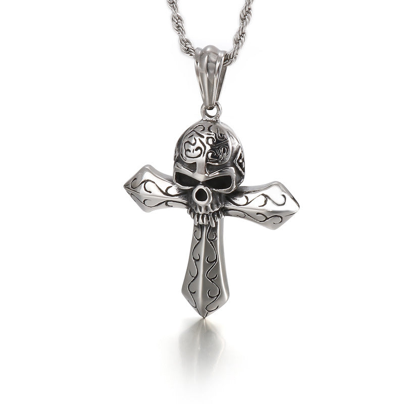 Vintage-Inspired Men's Stainless Steel Pendant with Dominant Cross Skull Design