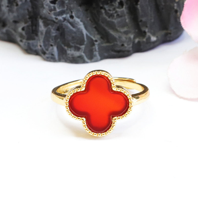 Red Agate Four Leaf Clover Ring Jewelry