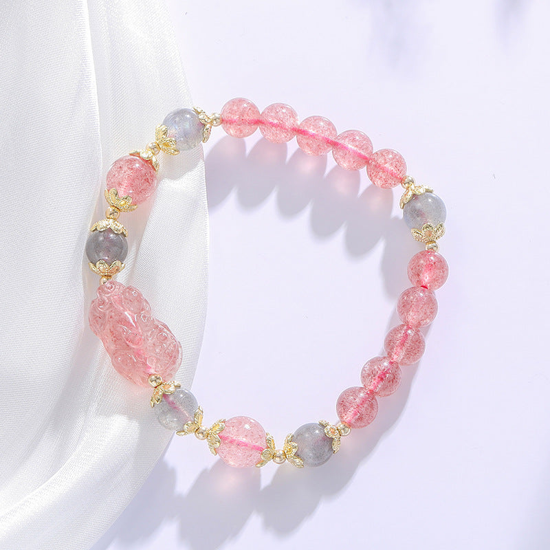 Strawberry Crystal Pixiu Bracelet with Gray Moonlight for Wealth Transfer