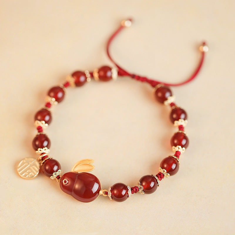 Lucky Rabbit Red Agate Bracelet - Handcrafted Sterling Silver Retro Chinese Style