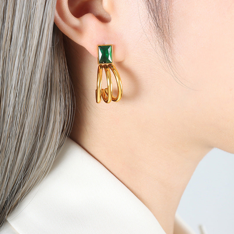 Green and Black Square C-Shaped Earrings with Titanium Gold-Plating - Fashion Jewelry for Women