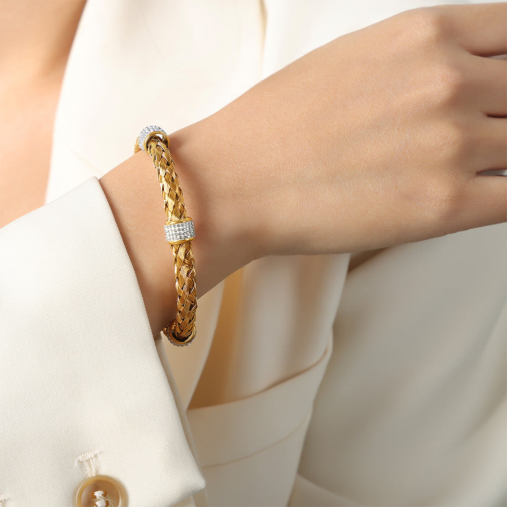 Glamorous Gold-Plated Open Bracelet with Zircon Embellishments