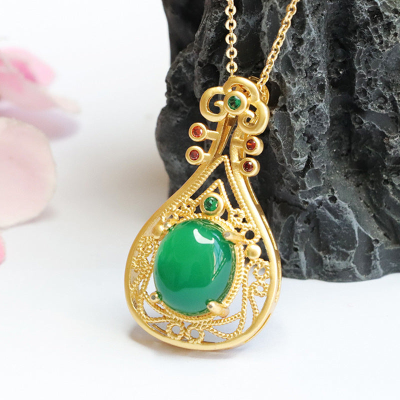 Chinese Style Sterling Silver Pipa Pendant Necklace with Emperor Green Chalcedony