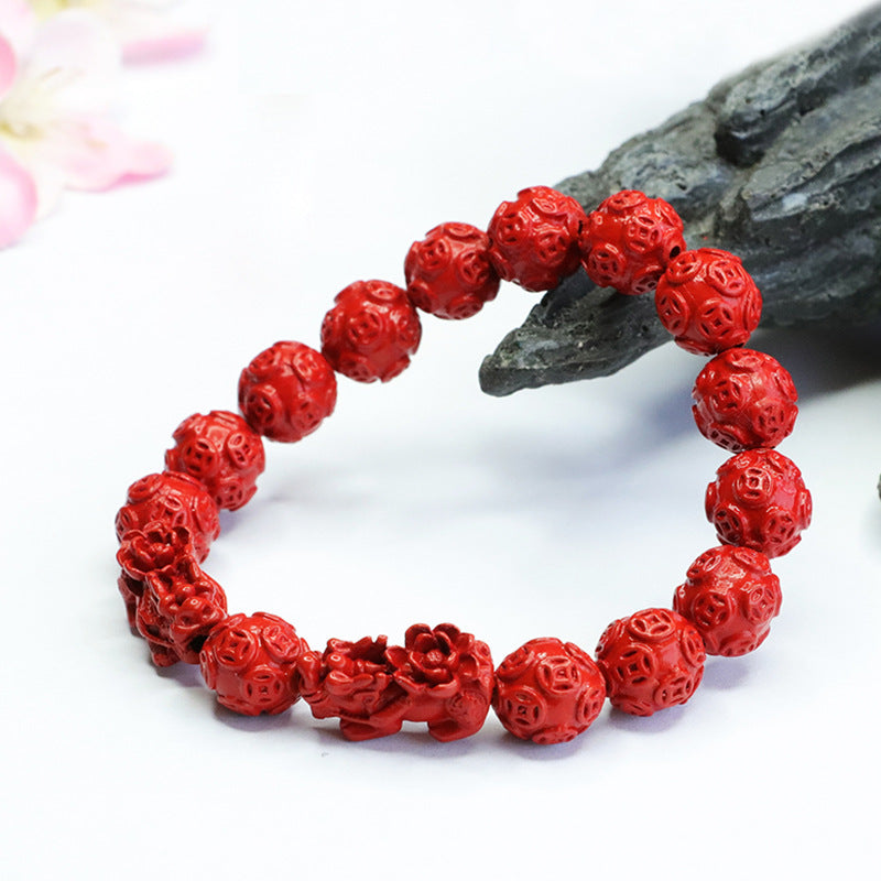 Red Sand and Cinnabar Pixiu Bracelet with Sterling Silver Beads