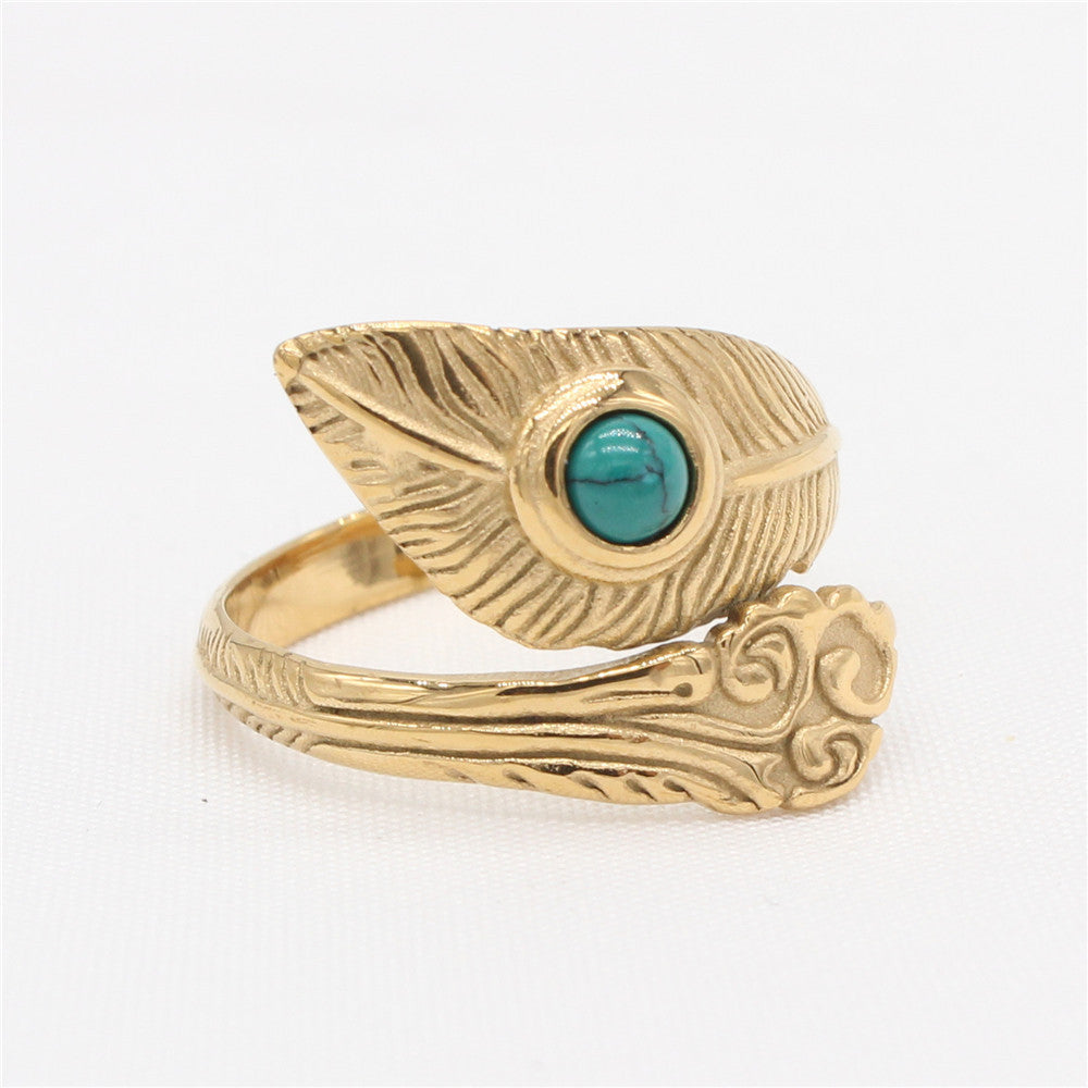 European and American Retro Feather Turquoise Men's Titanium Steel Ring