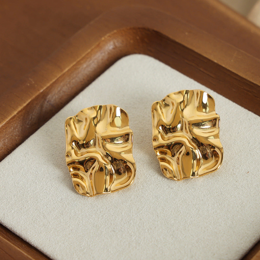 European-American Fusion Titanium Gold-Plated Square Pleated Earrings - Planderful Collection