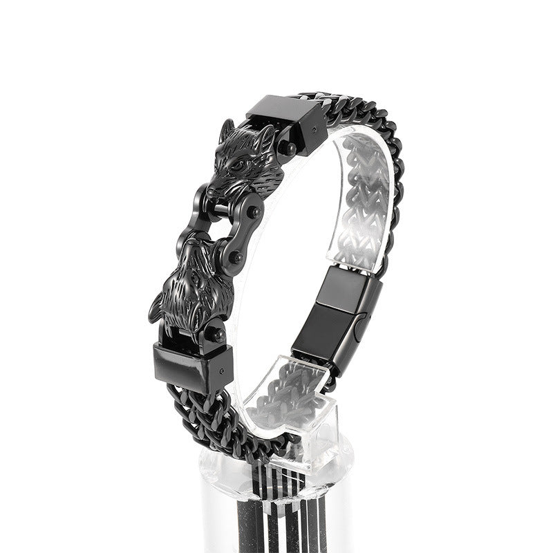 Trendy Hip-Hop Double Wolf Head Magnet Buckle Bracelet for Men in Titanium Steel