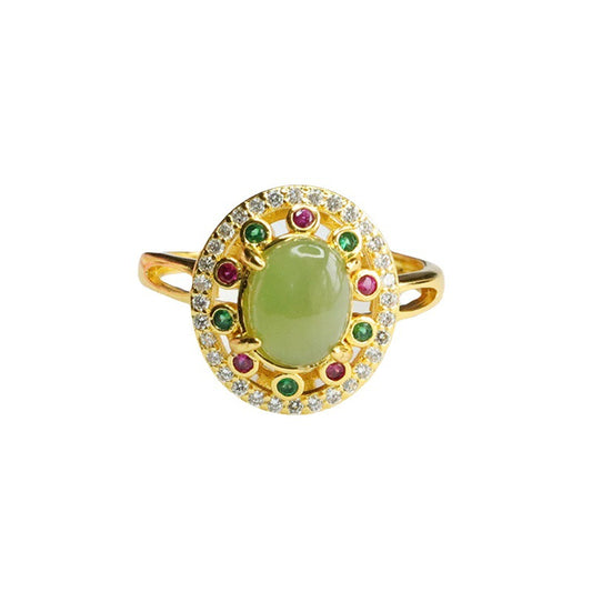 Vintage Hotan Jade Jasper Sterling Silver Ring with Colorful Zircon Accents