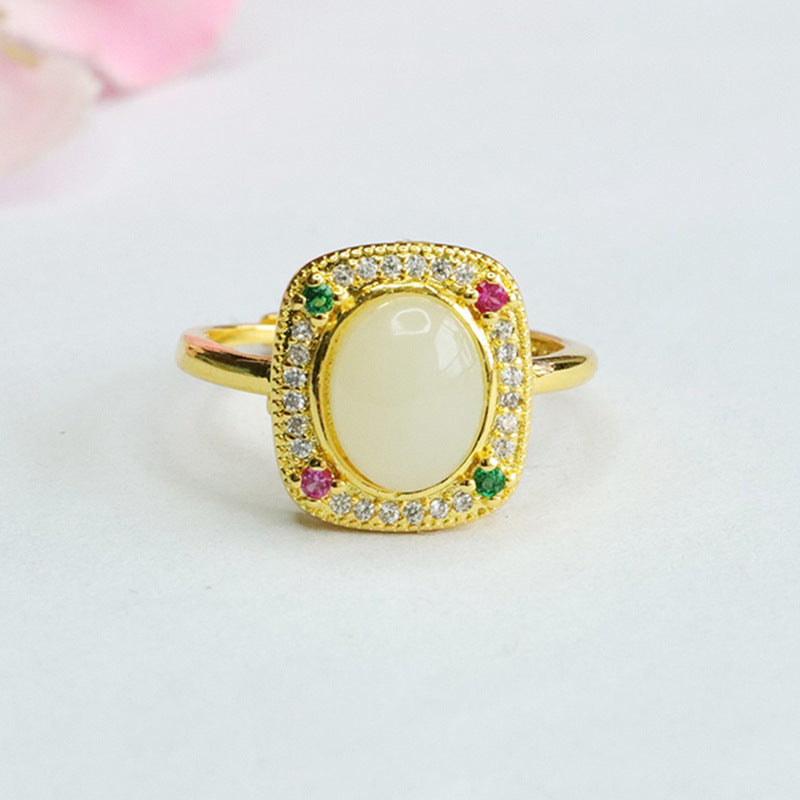 Oval Natural Hotan Jade Ring with Rectangle Zircon Accent