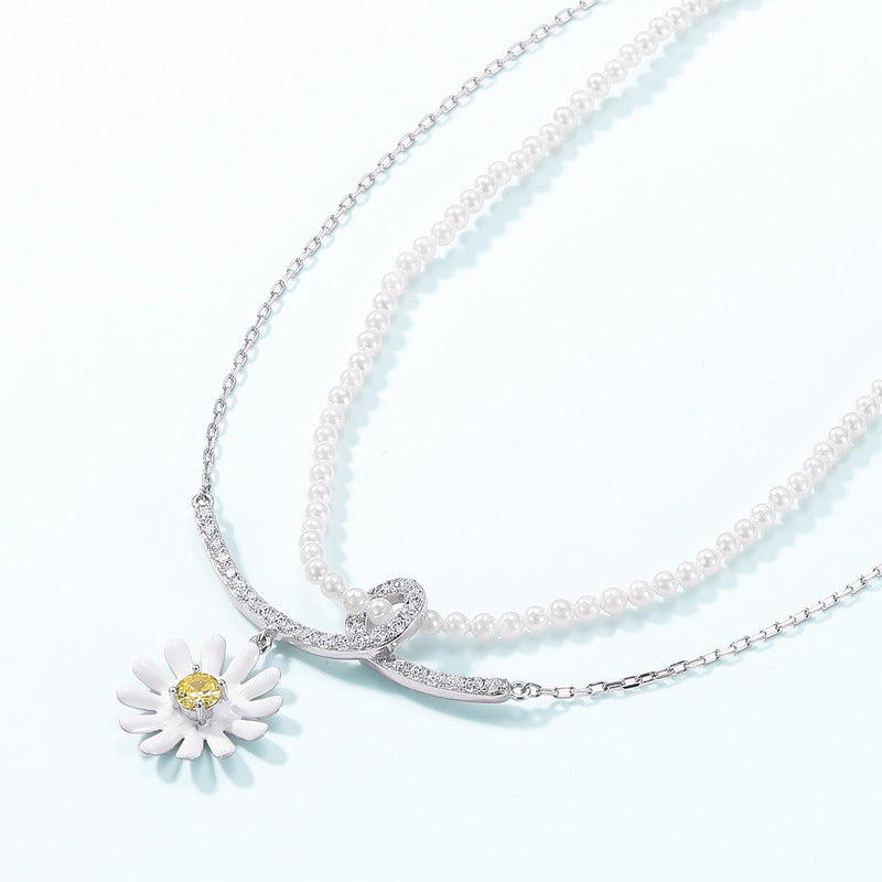 Little Daisy Zircon Pendant Pearl Chain Double Layers Sterling Silver Necklace