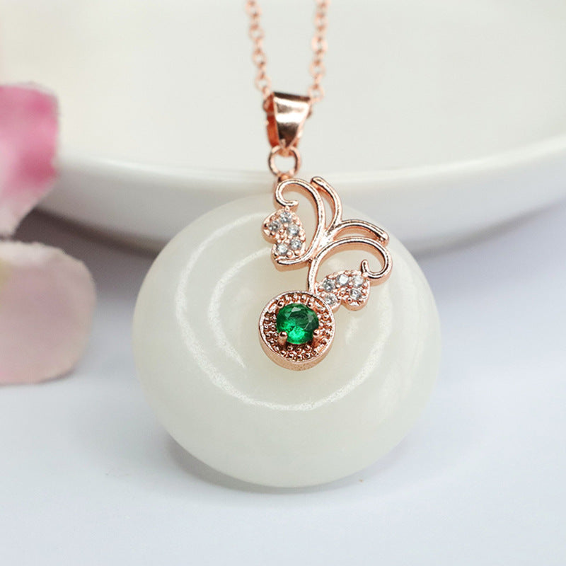 Elegant Grace and Fortune Hetian Jade Pendant Necklace with Zircon Butterfly Detail on Rose Gold Setting