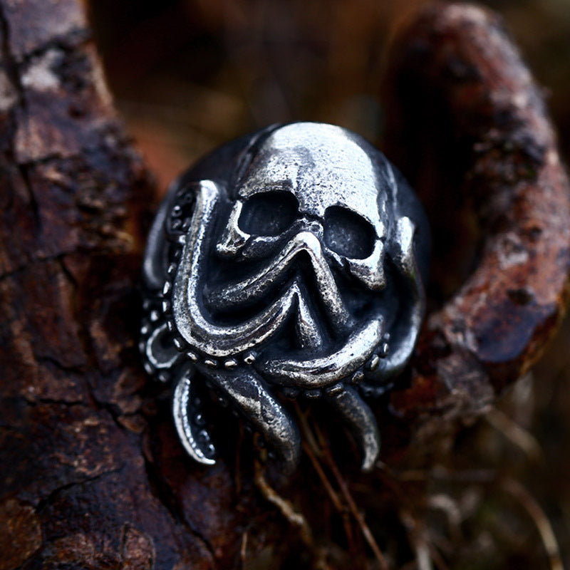 Titanium Steel Octopus Skull Ring - Hip-Hop Punk Style for Men, Wholesale Available