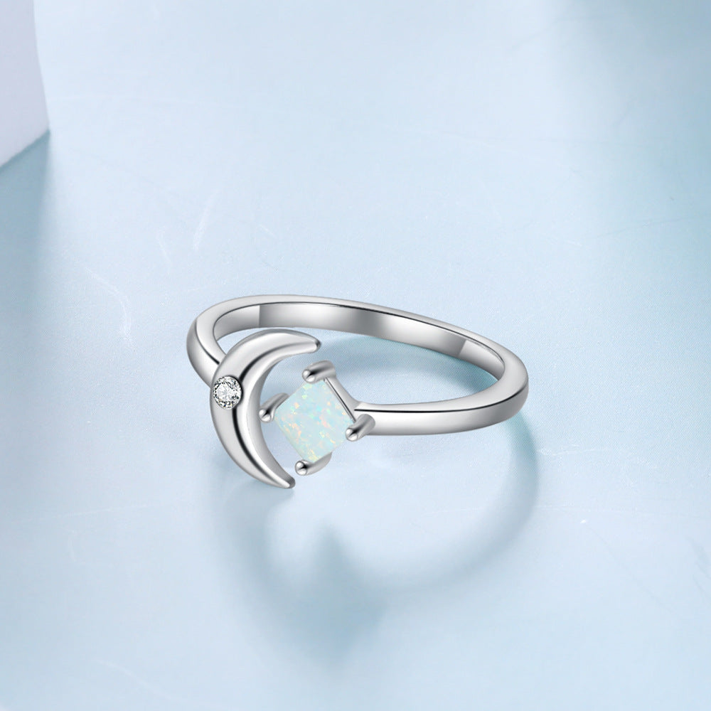 Square Opal and Moon with Zircon Opening Sterling Silver Ring