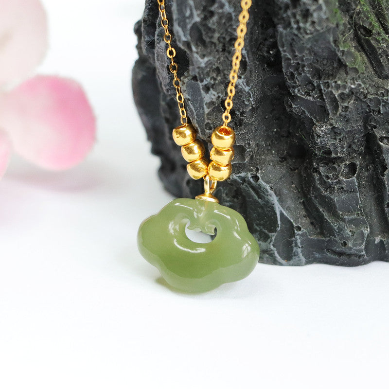 Silver Ruyi Pendant Necklace with Natural Hotan Jade Beads