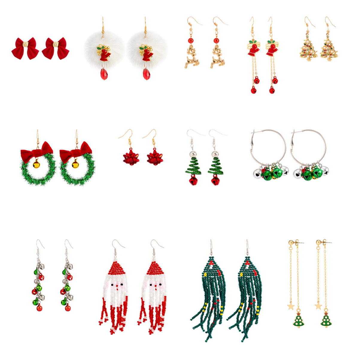 Festive Reindeer Rice Ball Bow Earrings with Colorful Christmas Tree Bell Tassel Detail