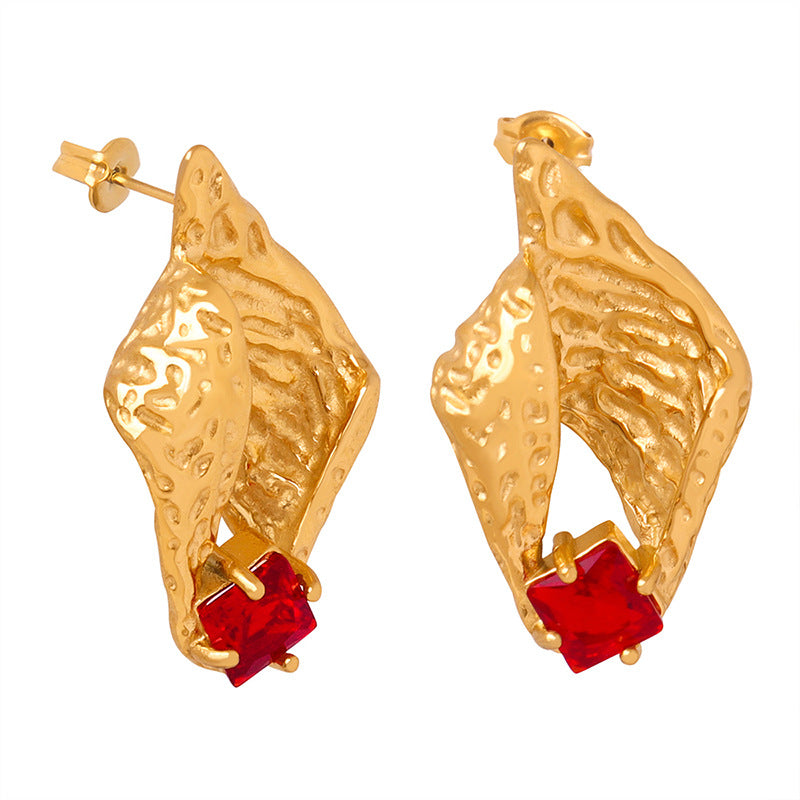 Golden Zircon Stone Versatile Style Titanium Steel Earrings