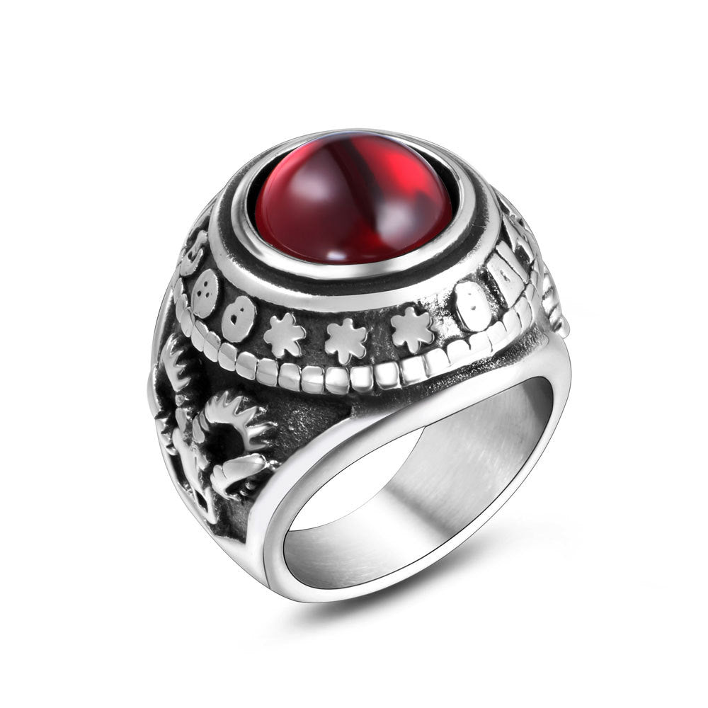 Retro Titanium Steel Ring with Red and Black Agate for Men - Noble Court Fashion Jewelry