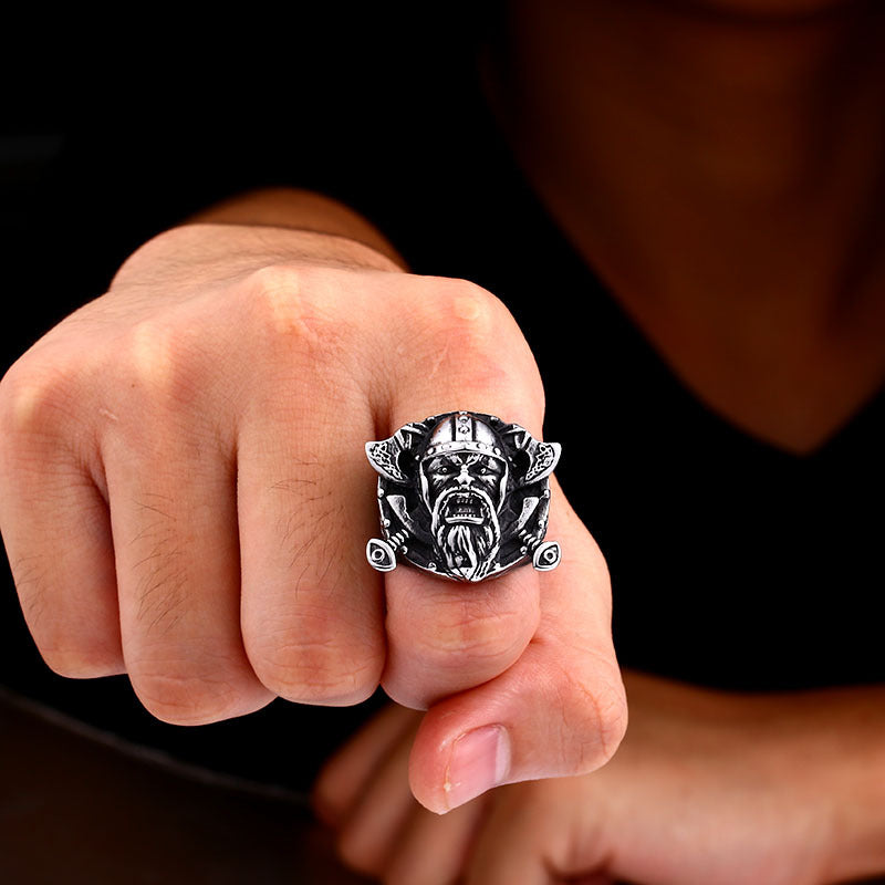 Viking Warrior Double Axe Ring for Men - Retro Stainless Steel Design, Bold Bearded Style